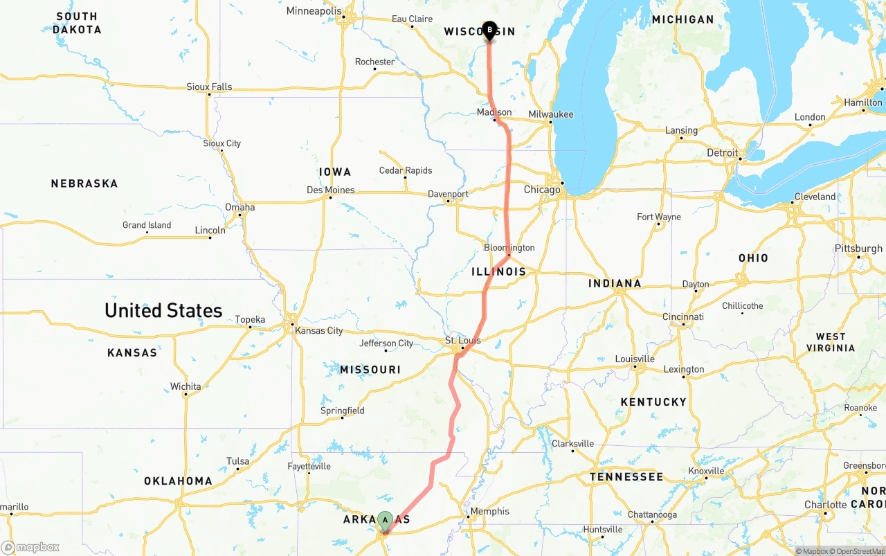 Shipping route from Arkansas to Wisconsin