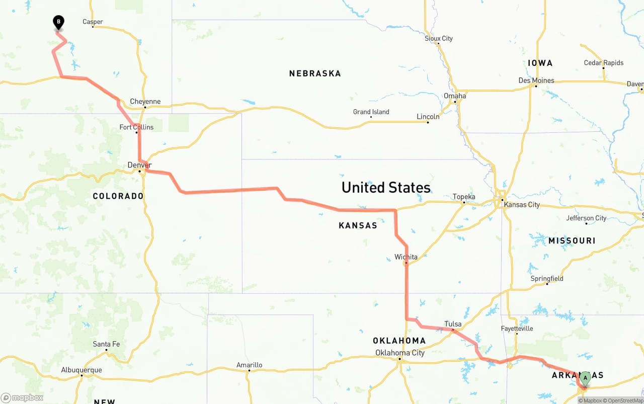 Shipping route from Arkansas to Wyoming