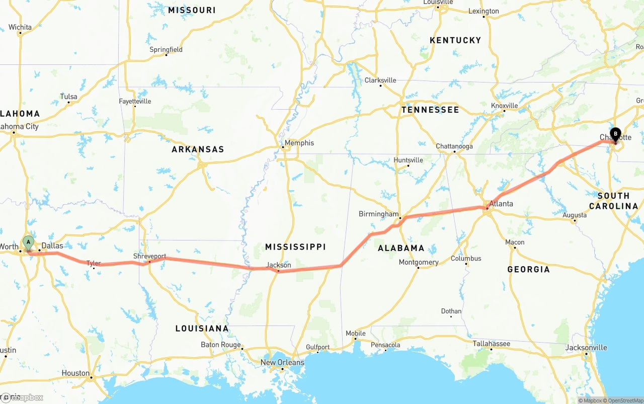 Shipping route from Arlington to Charlotte