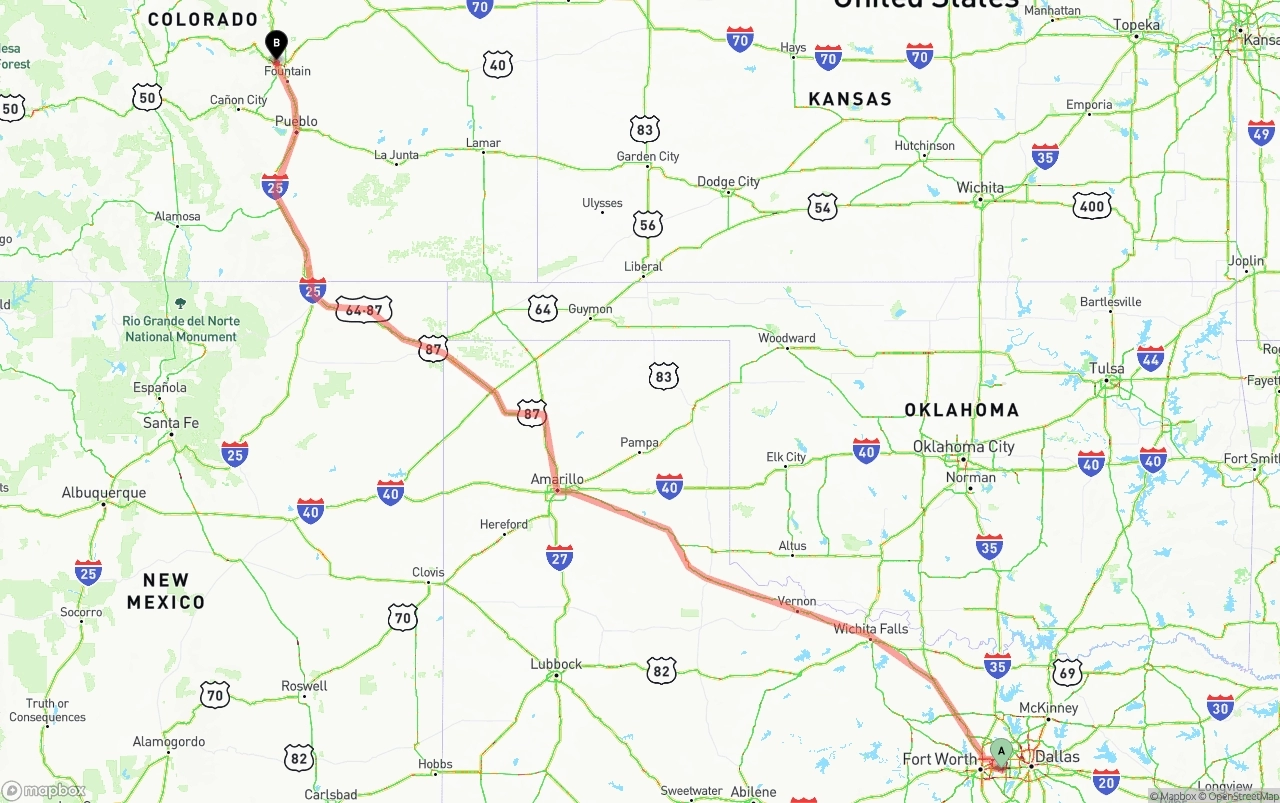 Shipping route from Arlington to Colorado Springs