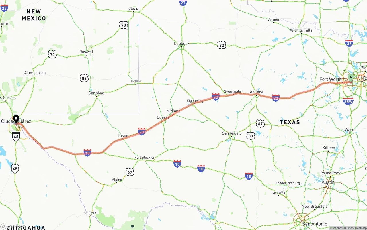 Shipping route from Arlington to El Paso