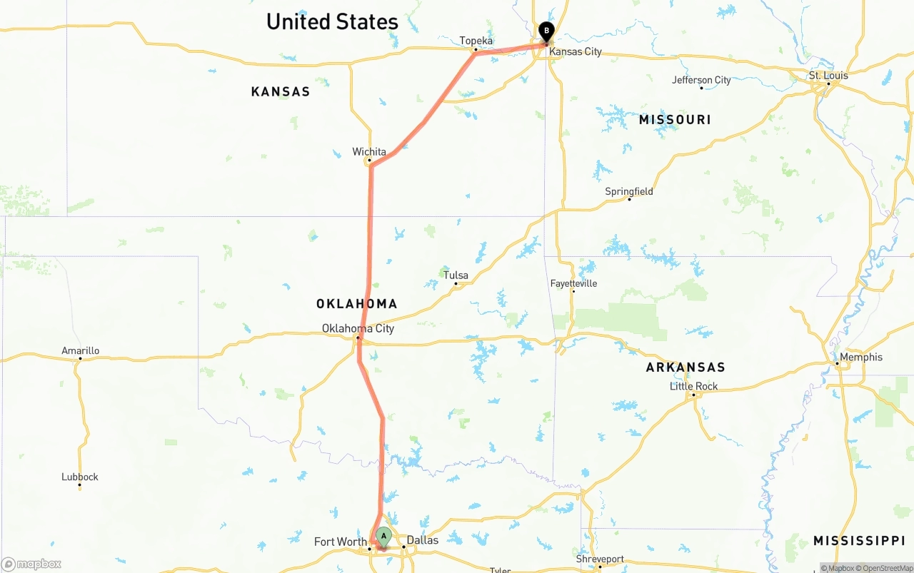 Shipping route from Arlington to Kansas City