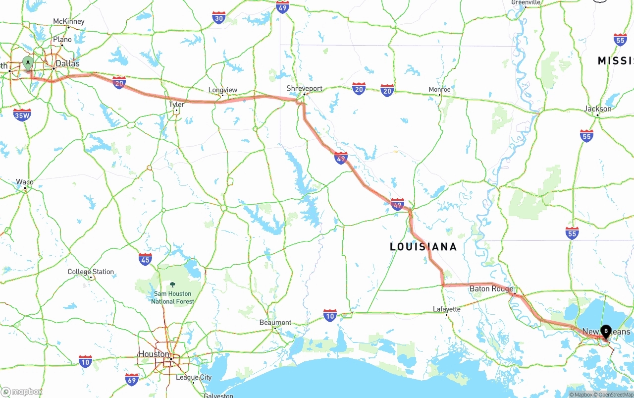 Shipping route from Arlington to New Orleans