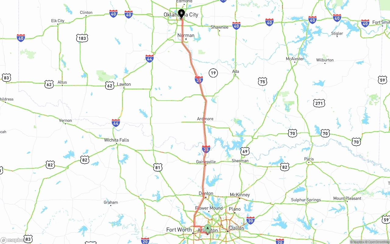 Shipping route from Arlington to Oklahoma City