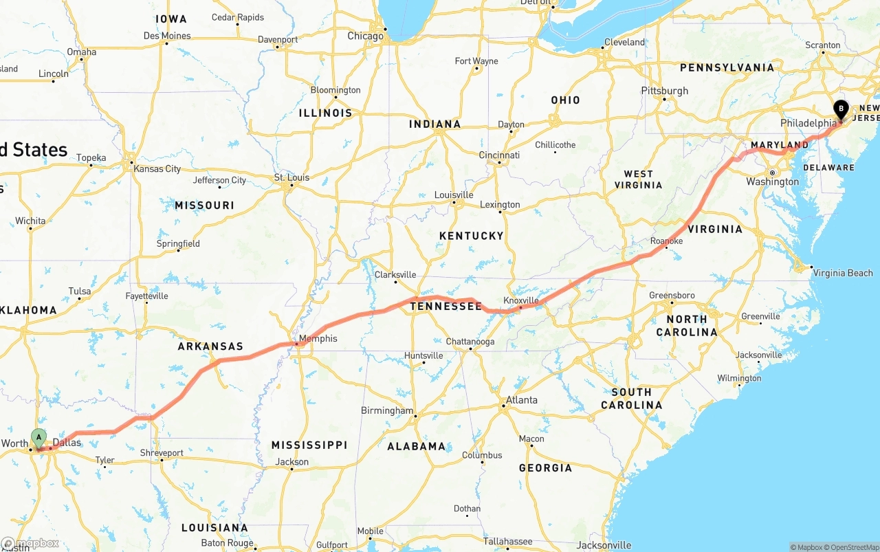 Shipping route from Arlington to Philadelphia