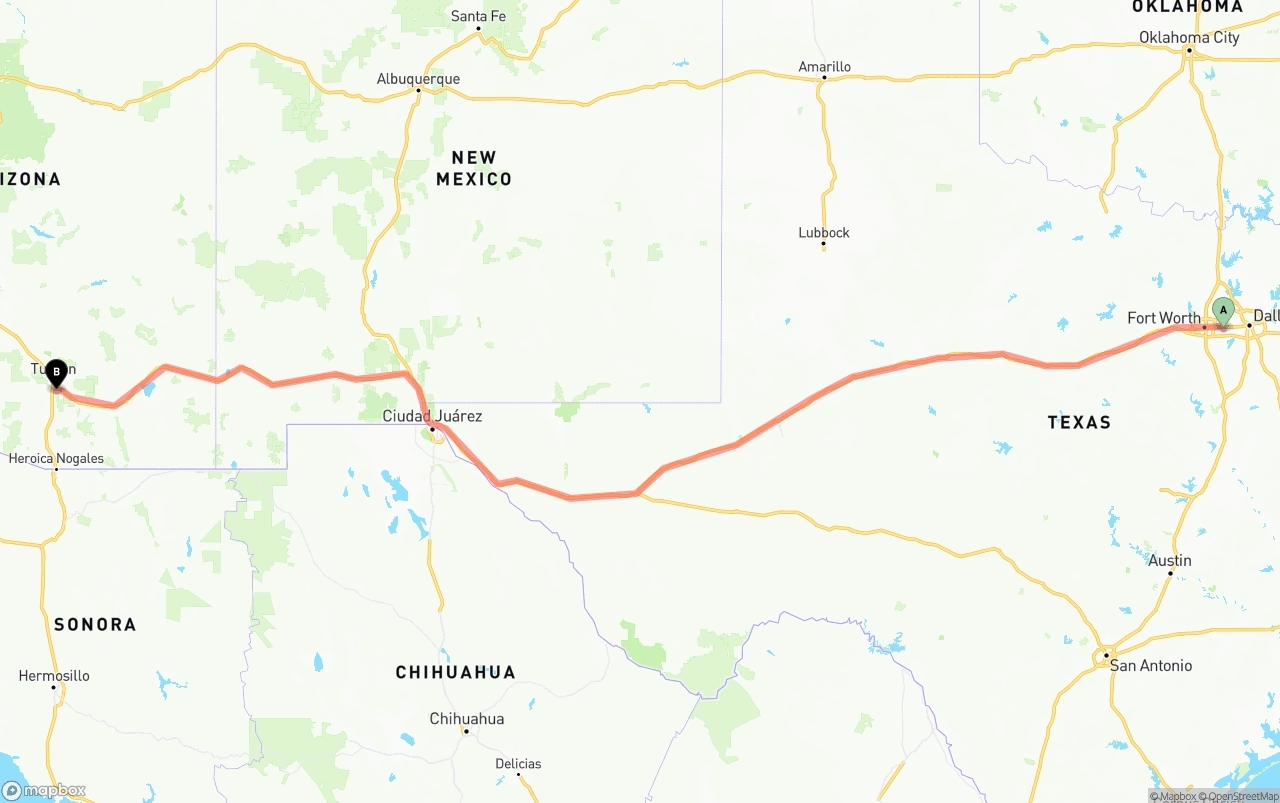 Shipping route from Arlington to Tucson International Airport