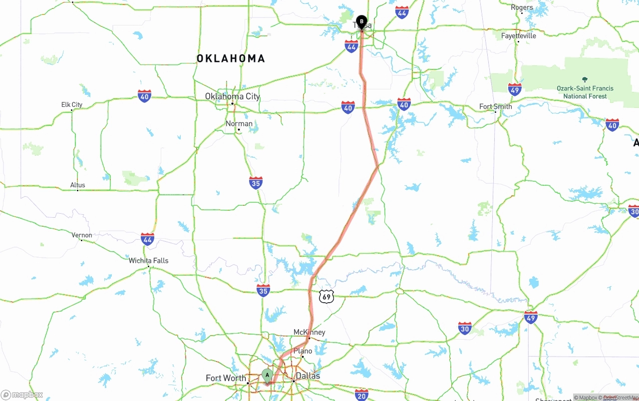 Shipping route from Arlington to Tulsa