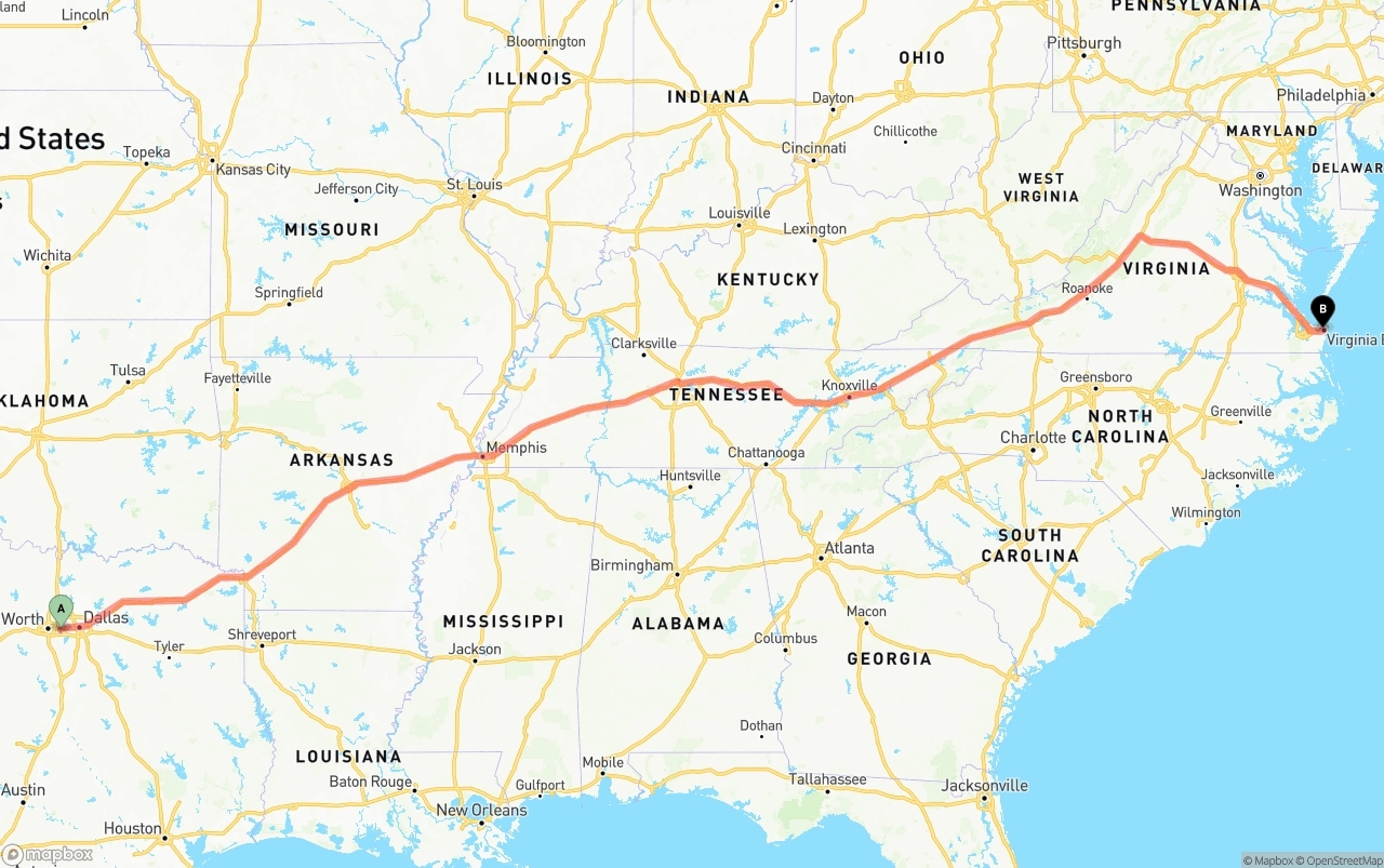 Shipping route from Arlington to Virginia Beach