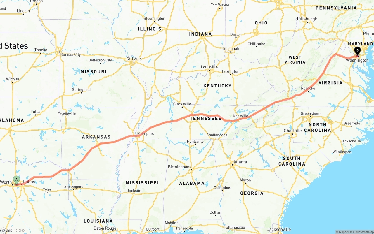 Shipping route from Arlington to Washington D.C.
