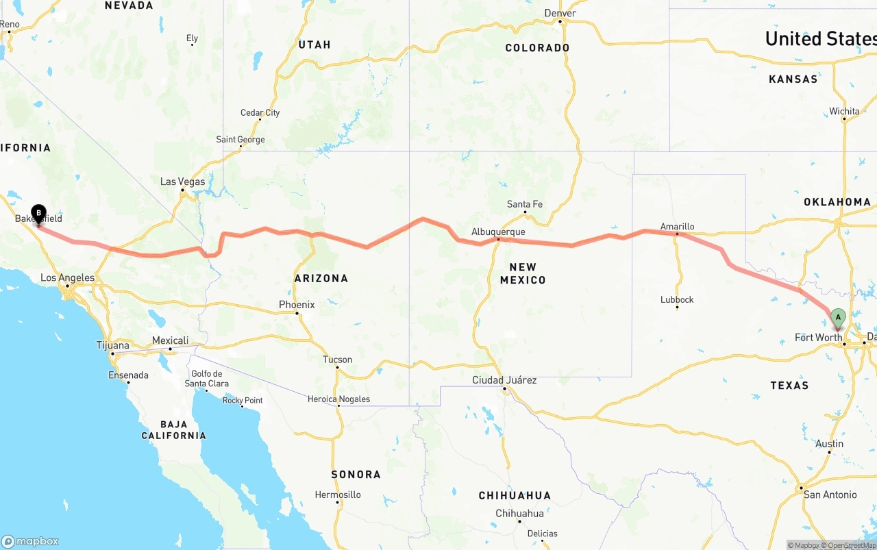 Shipping route from Aurora to Bakersfield