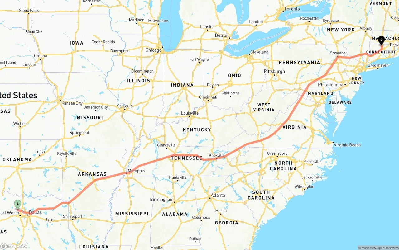 Shipping route from Aurora to Bradley International Airport