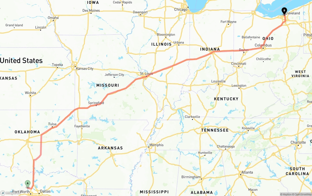Shipping route from Aurora to Cleveland