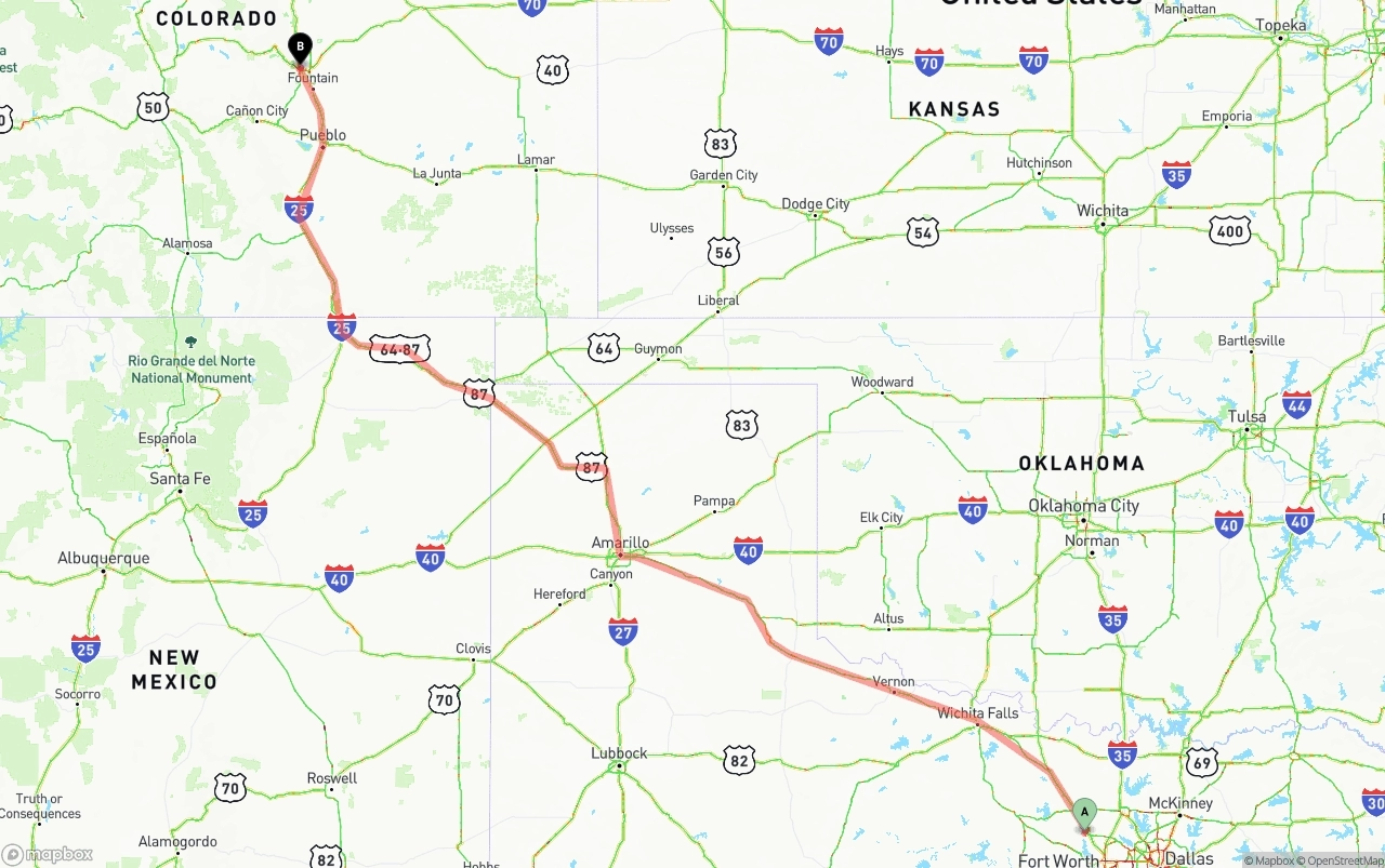 Shipping route from Aurora to Colorado Springs