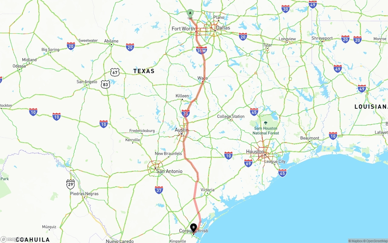 Shipping route from Aurora to Corpus Christi