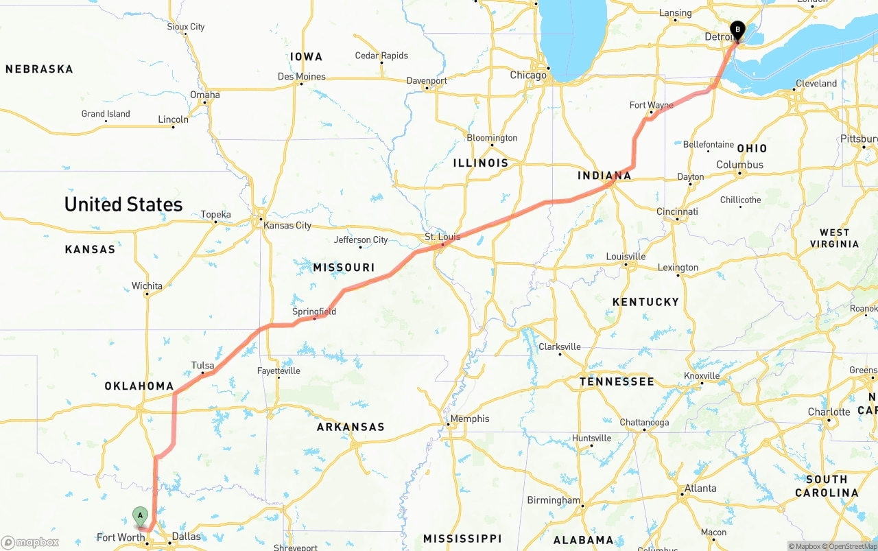 Shipping route from Aurora to Detroit