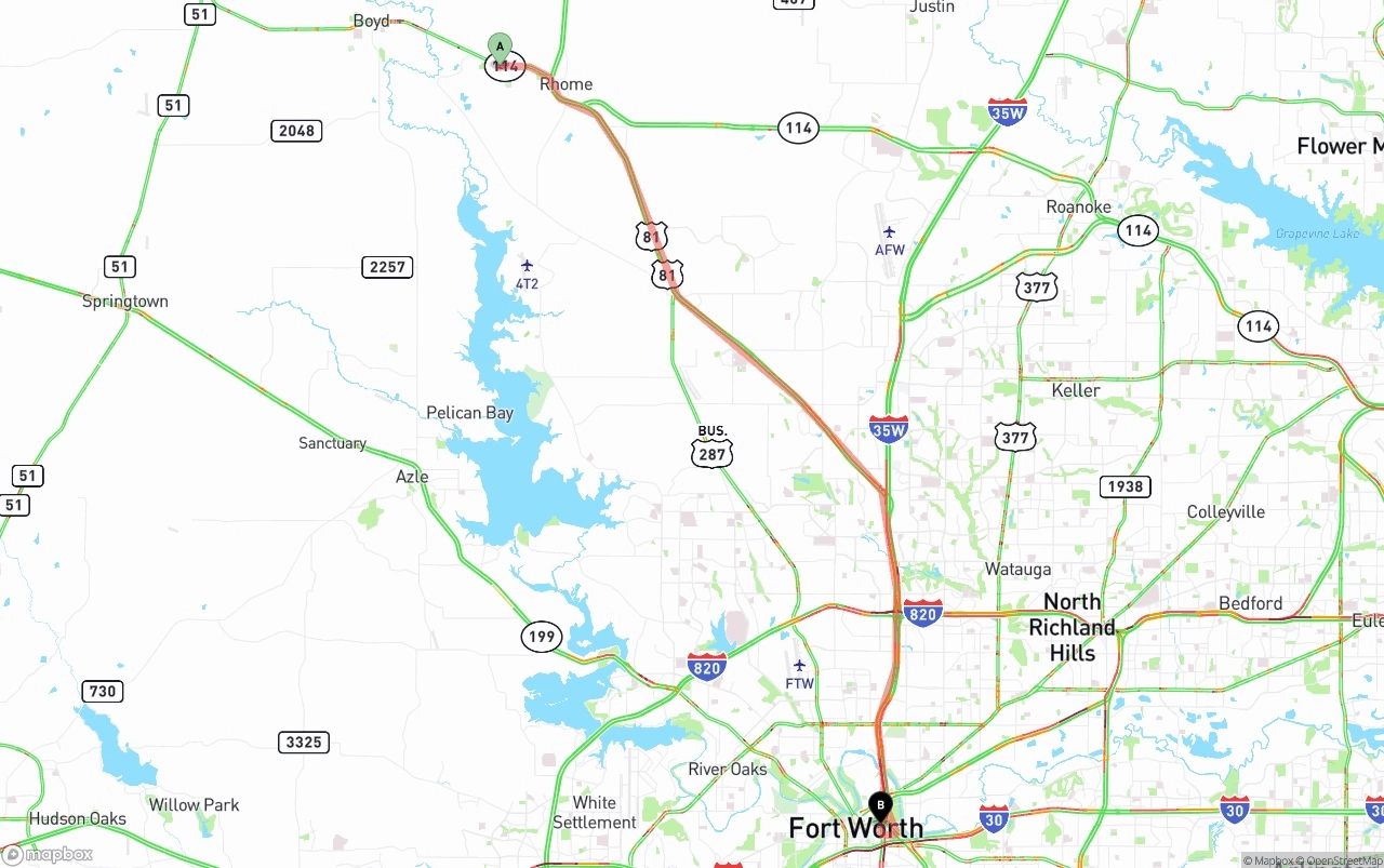 Shipping route from Aurora to Fort Worth