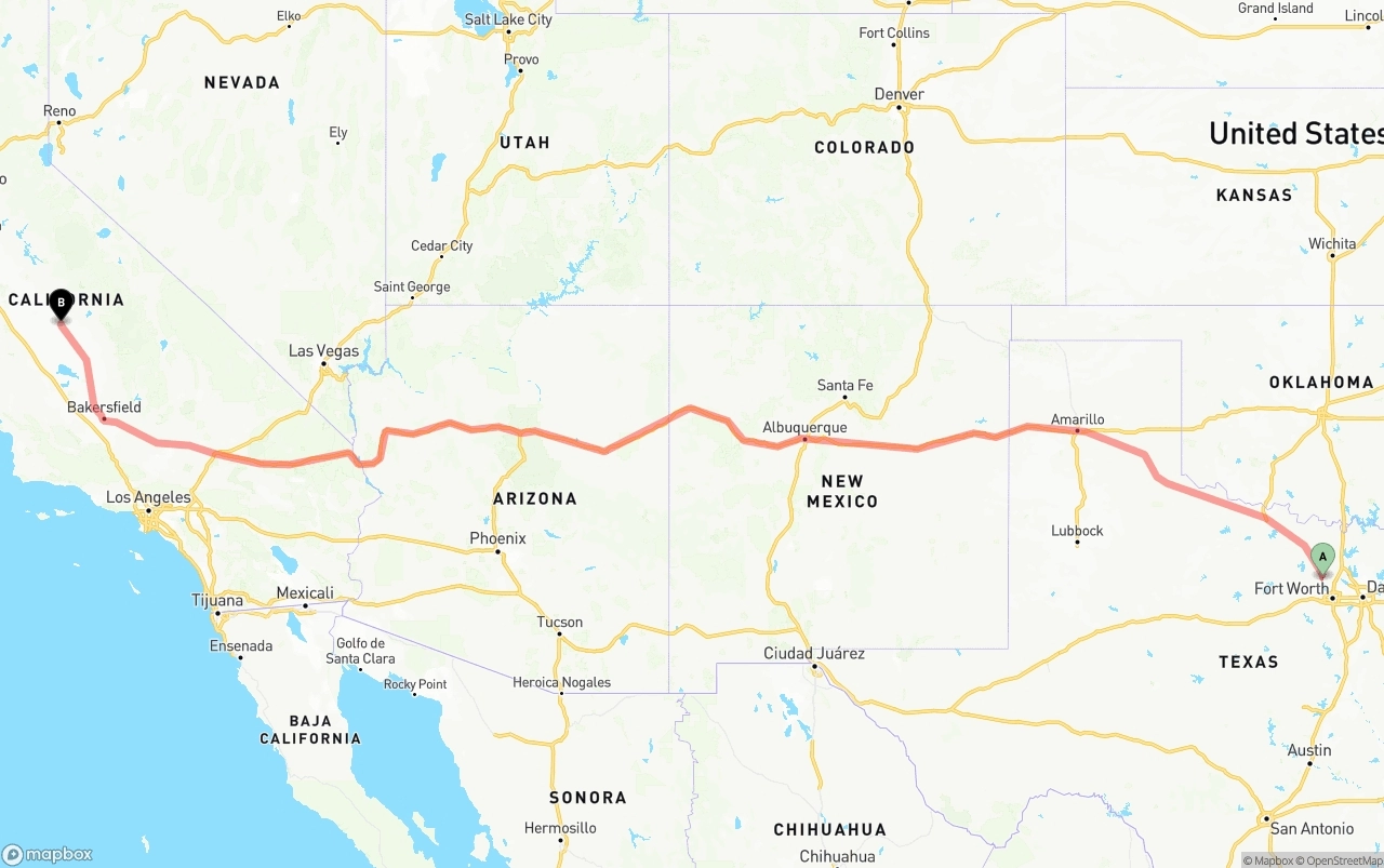 Shipping route from Aurora to Fresno