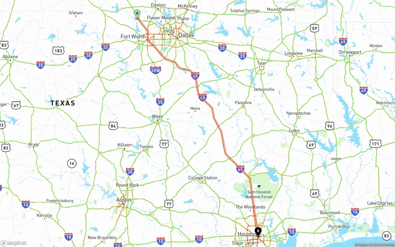 Shipping route from Aurora to Houston