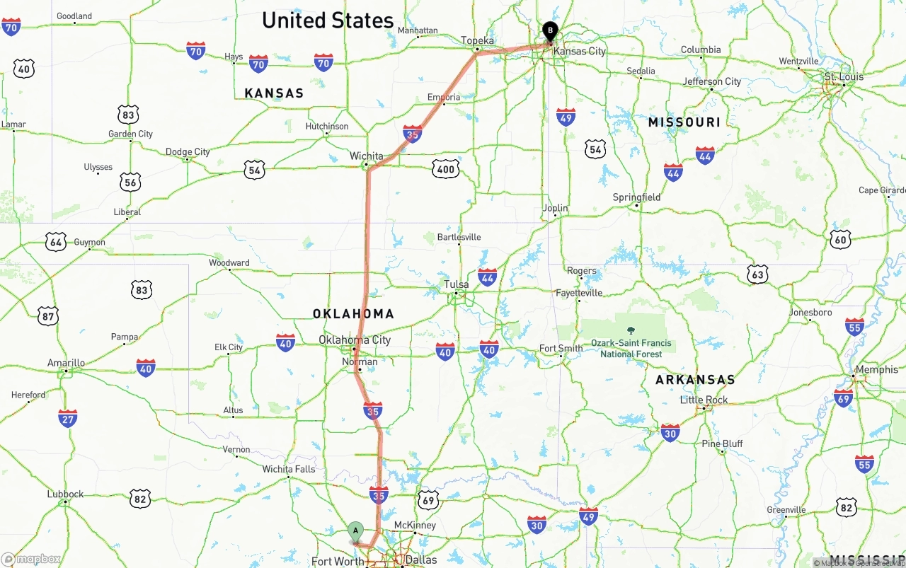 Shipping route from Aurora to Kansas City