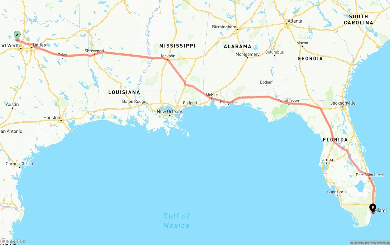 Shipping route from Aurora to Miami