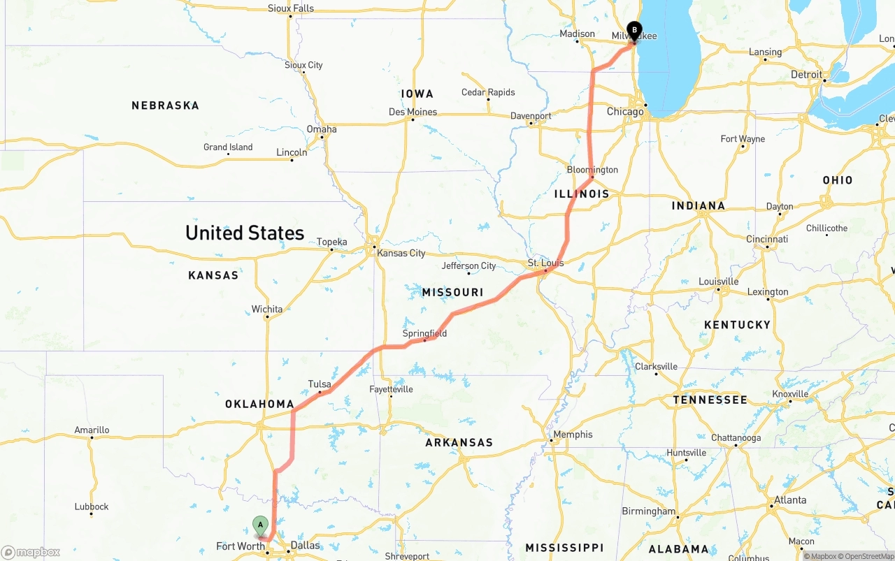 Shipping route from Aurora to Milwaukee