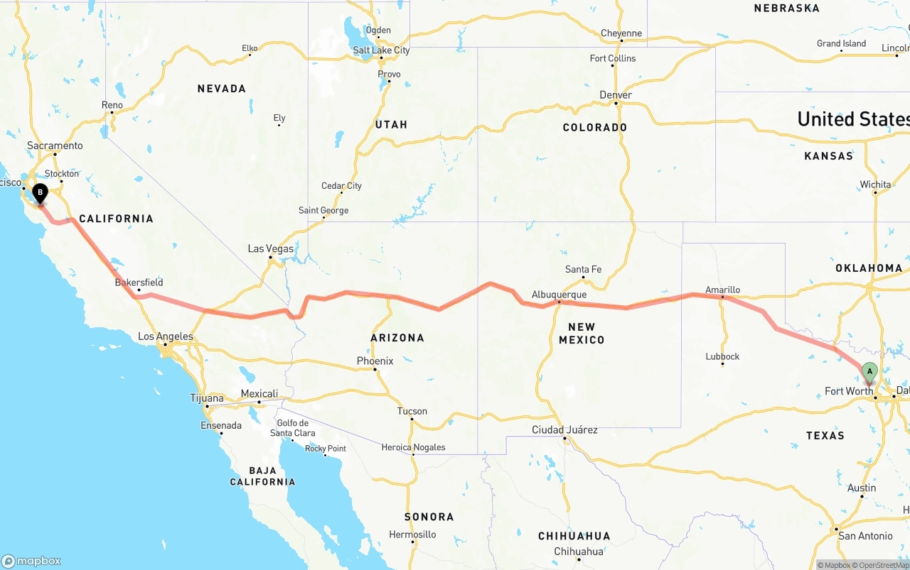 Shipping route from Aurora to Norman Y. Mineta San Jose International Airport