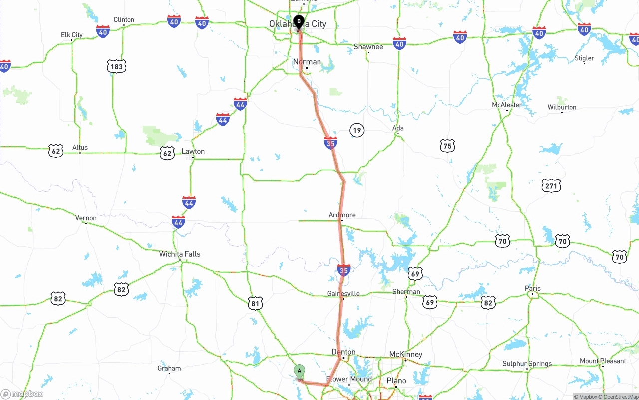Shipping route from Aurora to Oklahoma City