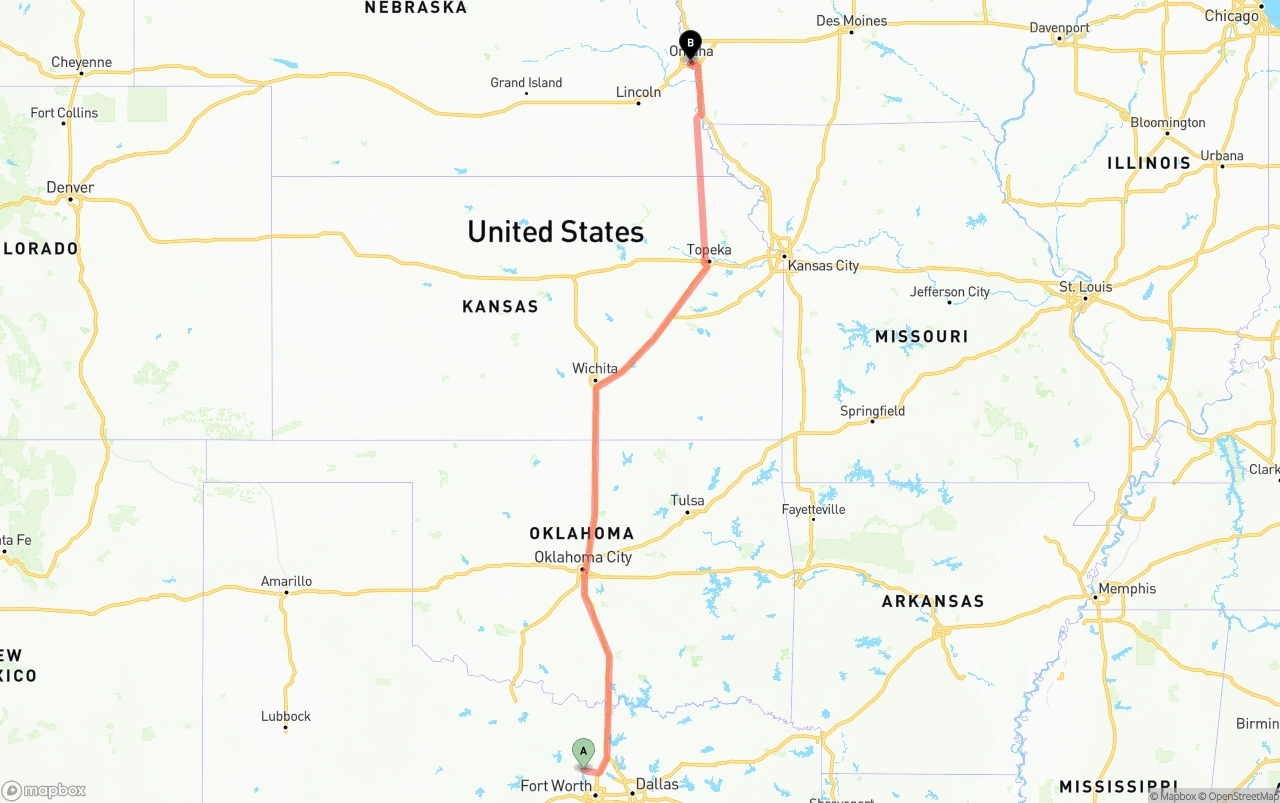 Shipping route from Aurora to Omaha
