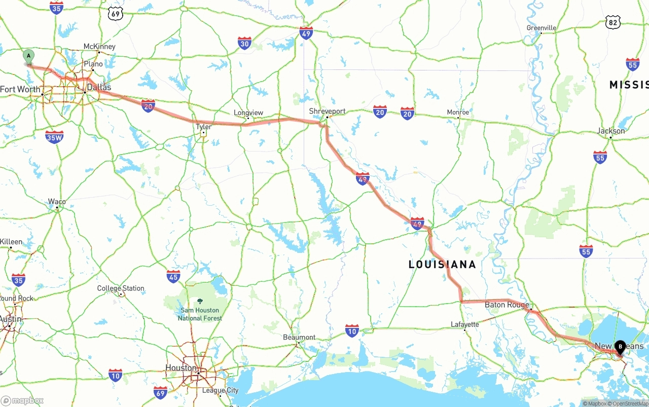 Shipping route from Aurora to Port of New Orleans