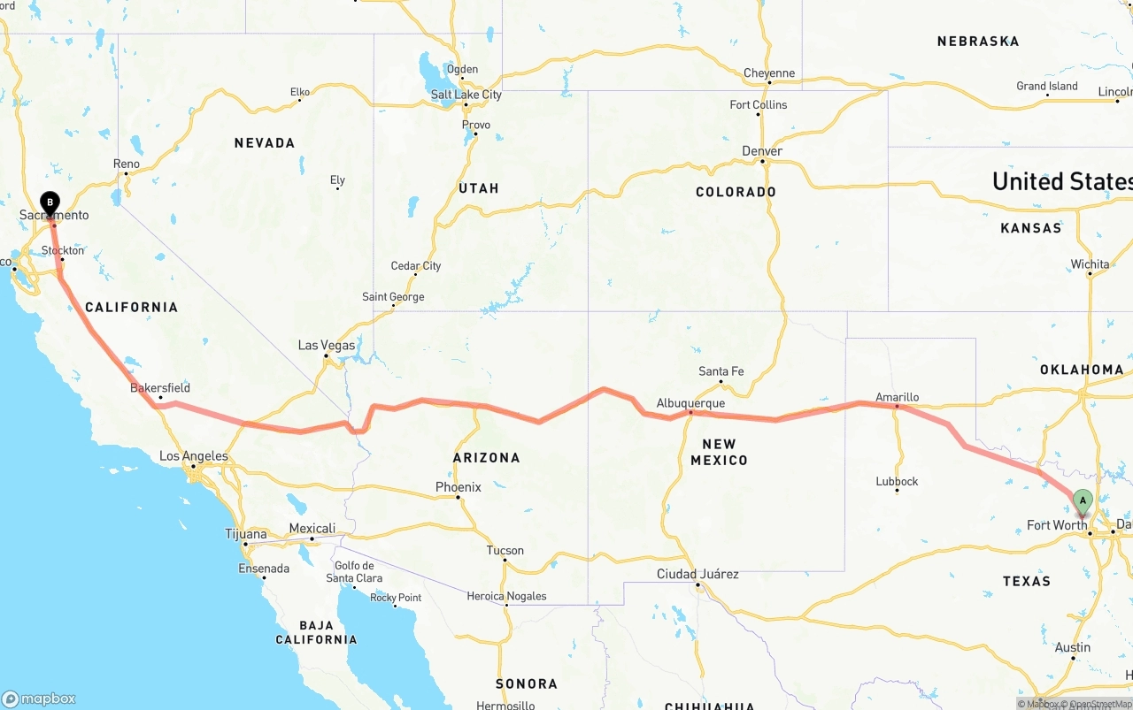 Shipping route from Aurora to Sacramento International Airport