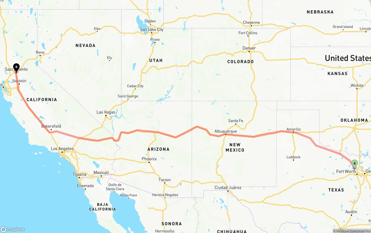 Shipping route from Aurora to Sacramento