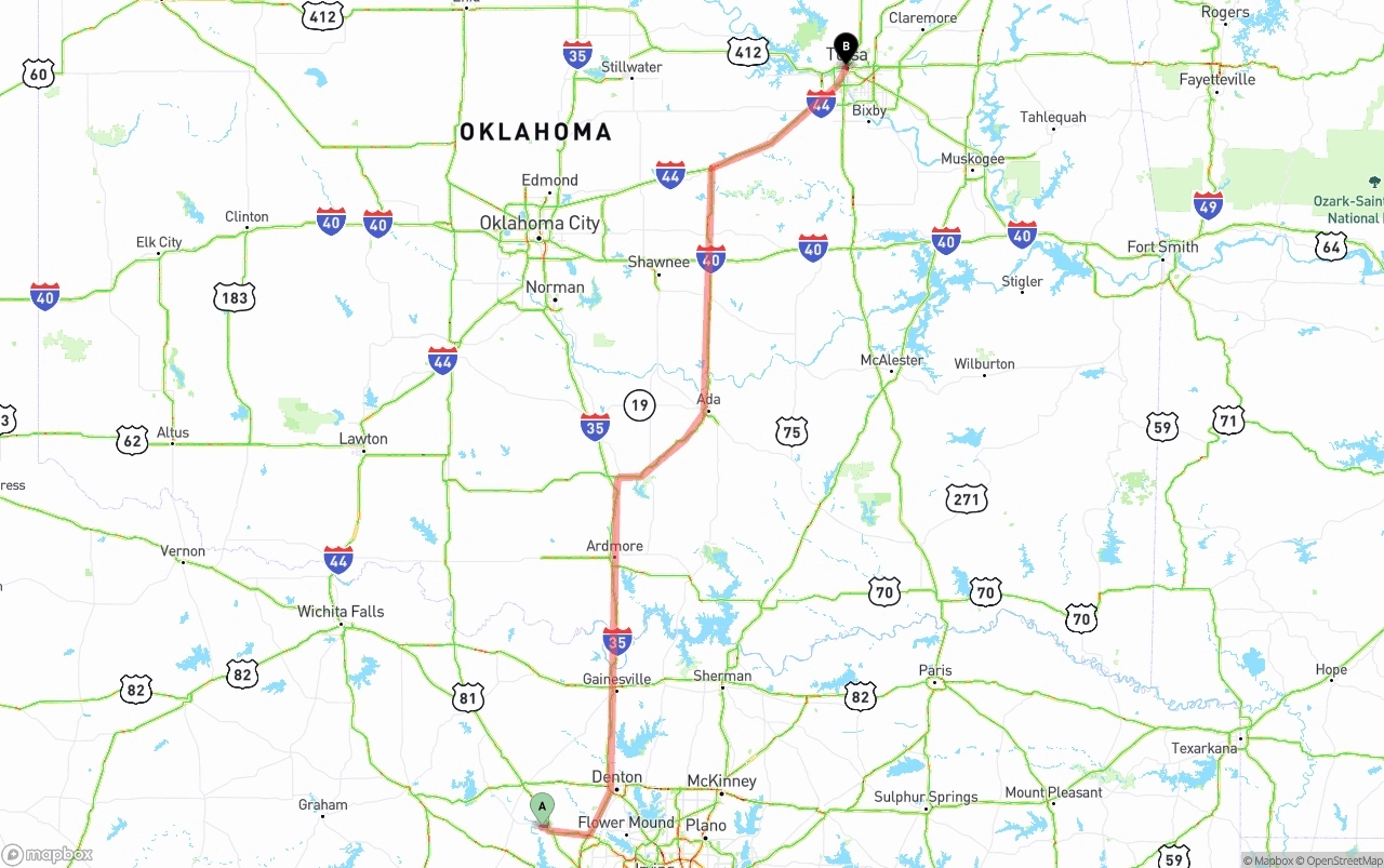 Shipping route from Aurora to Tulsa