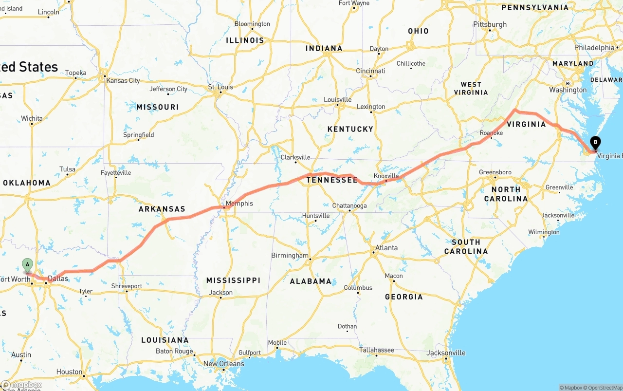 Shipping route from Aurora to Virginia Beach