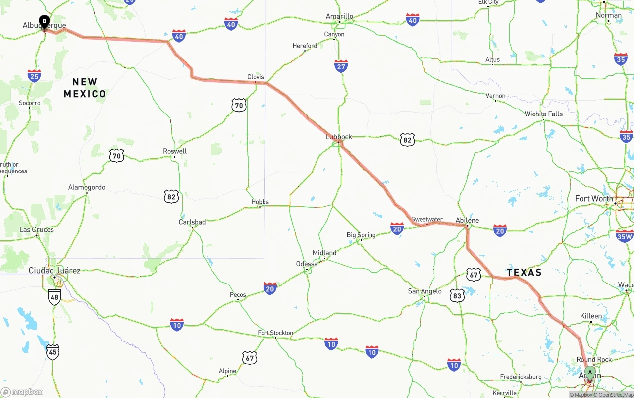 Shipping route from Austin to Albuquerque