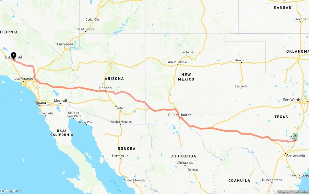 Shipping route from Austin to Bakersfield