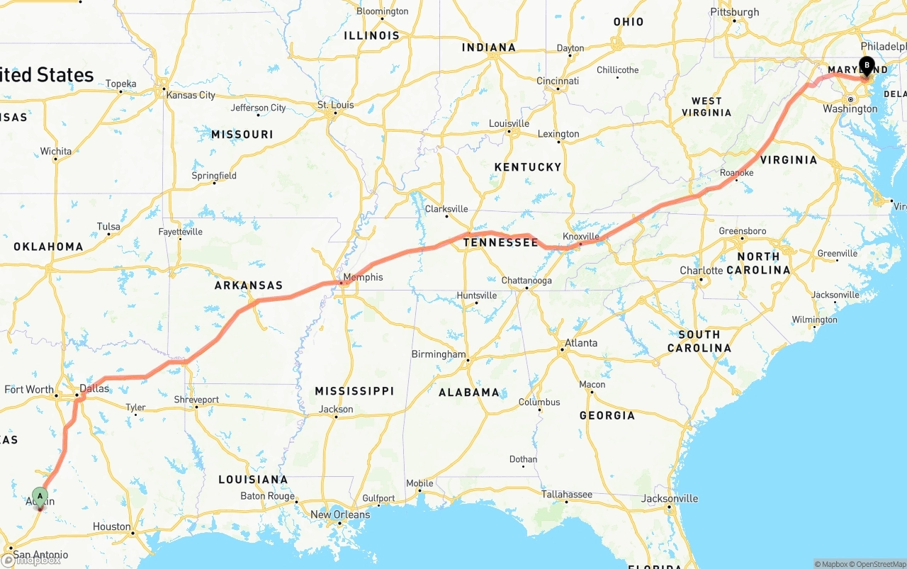 Shipping route from Austin to Baltimore