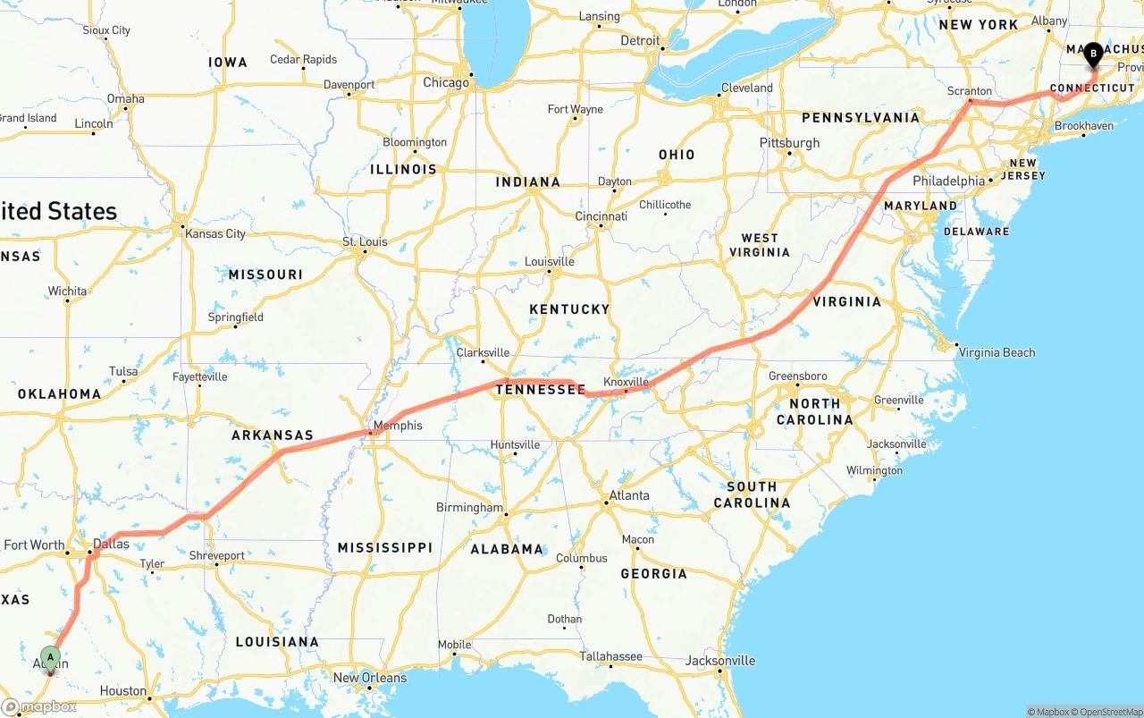 Shipping route from Austin to Bradley International Airport