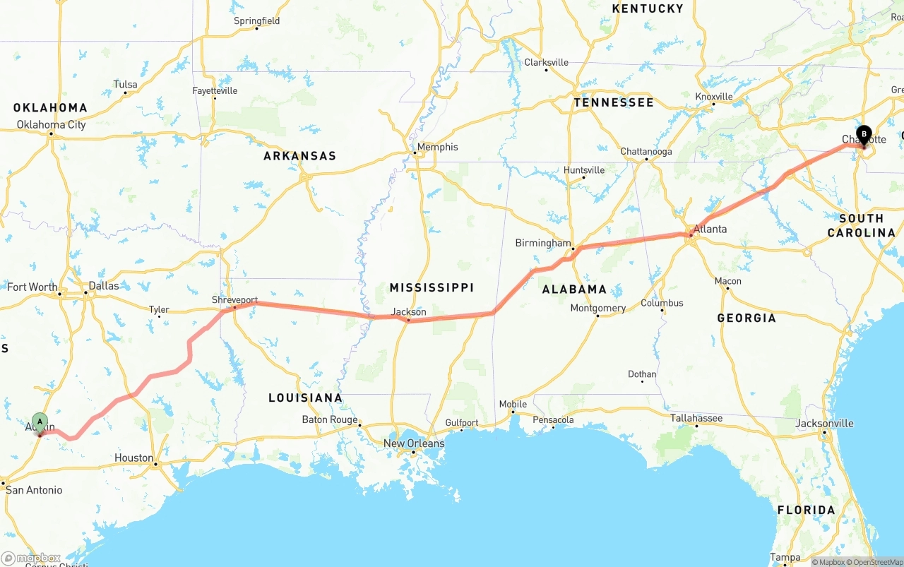 Shipping route from Austin to Charlotte