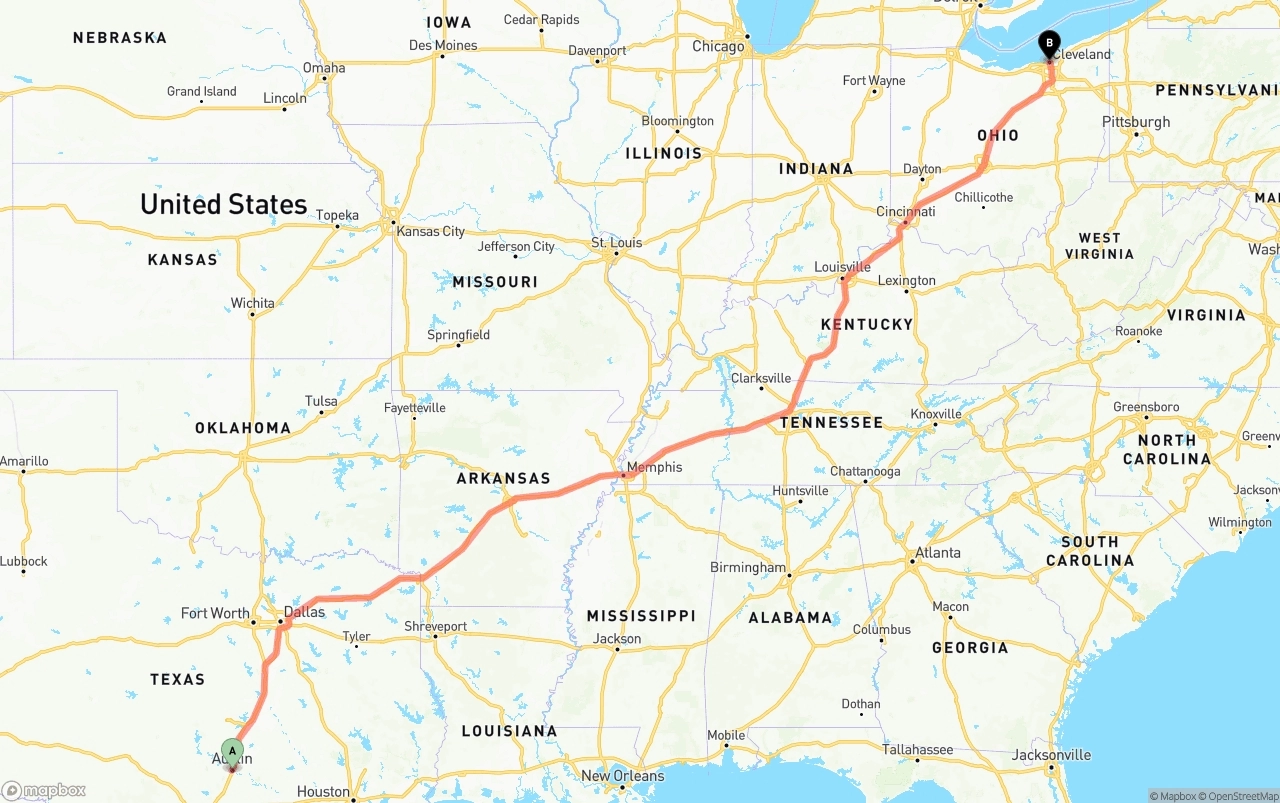 Shipping route from Austin to Cleveland