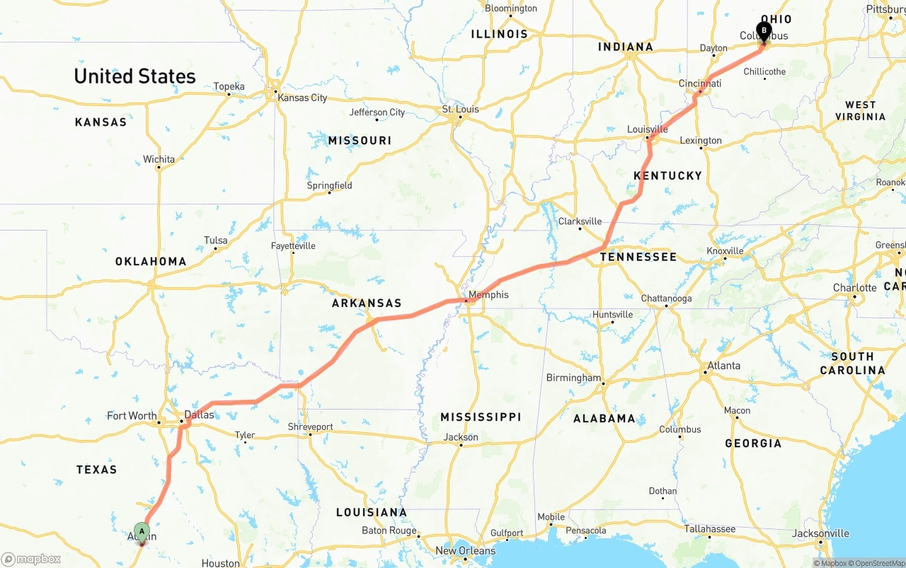 Shipping route from Austin to Columbus