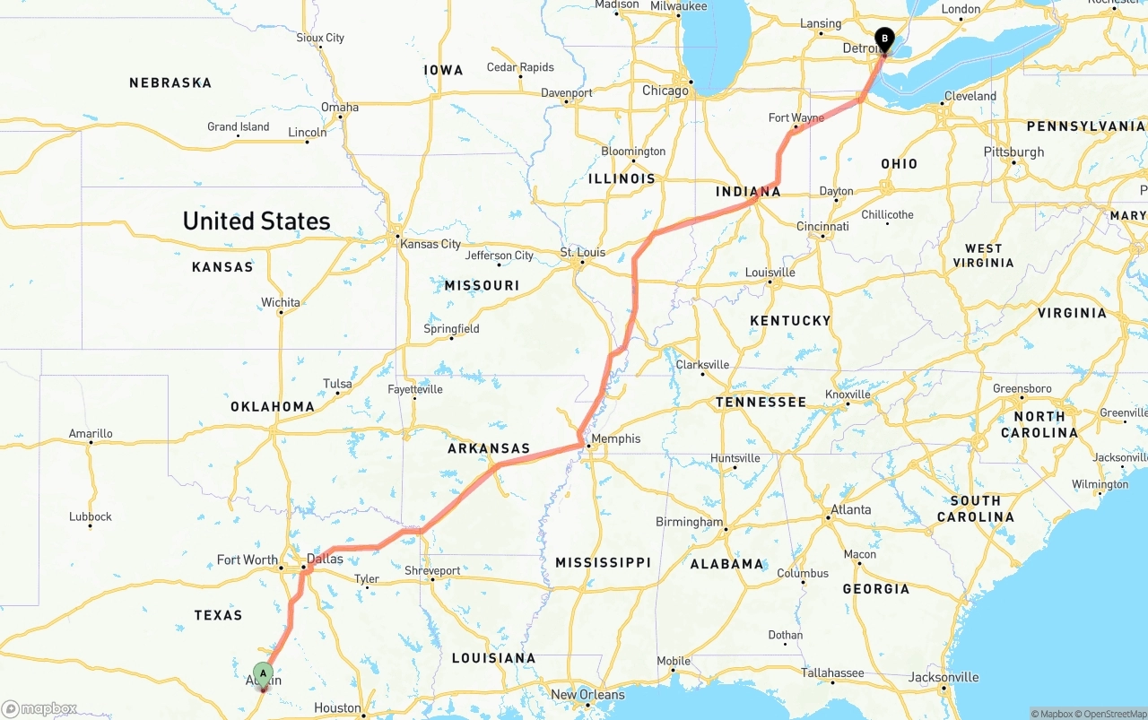 Shipping route from Austin to Detroit