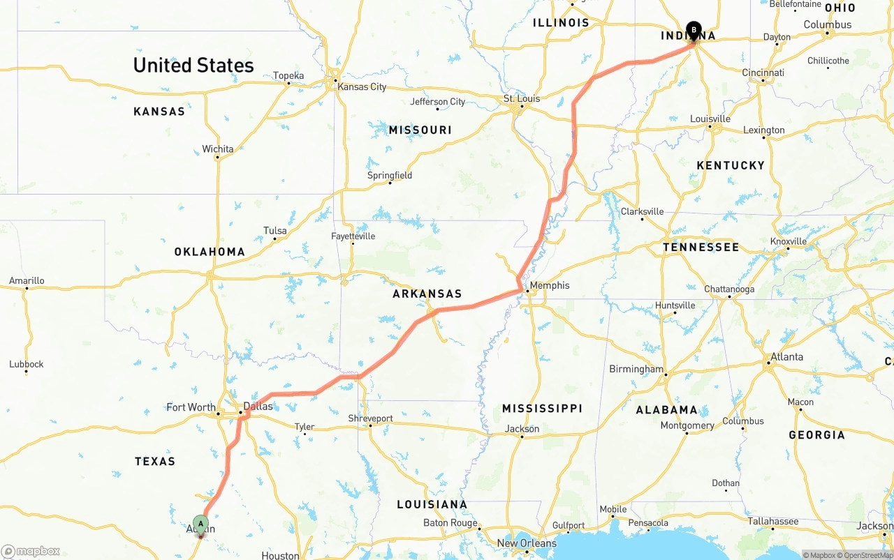 Shipping route from Austin to Indianapolis