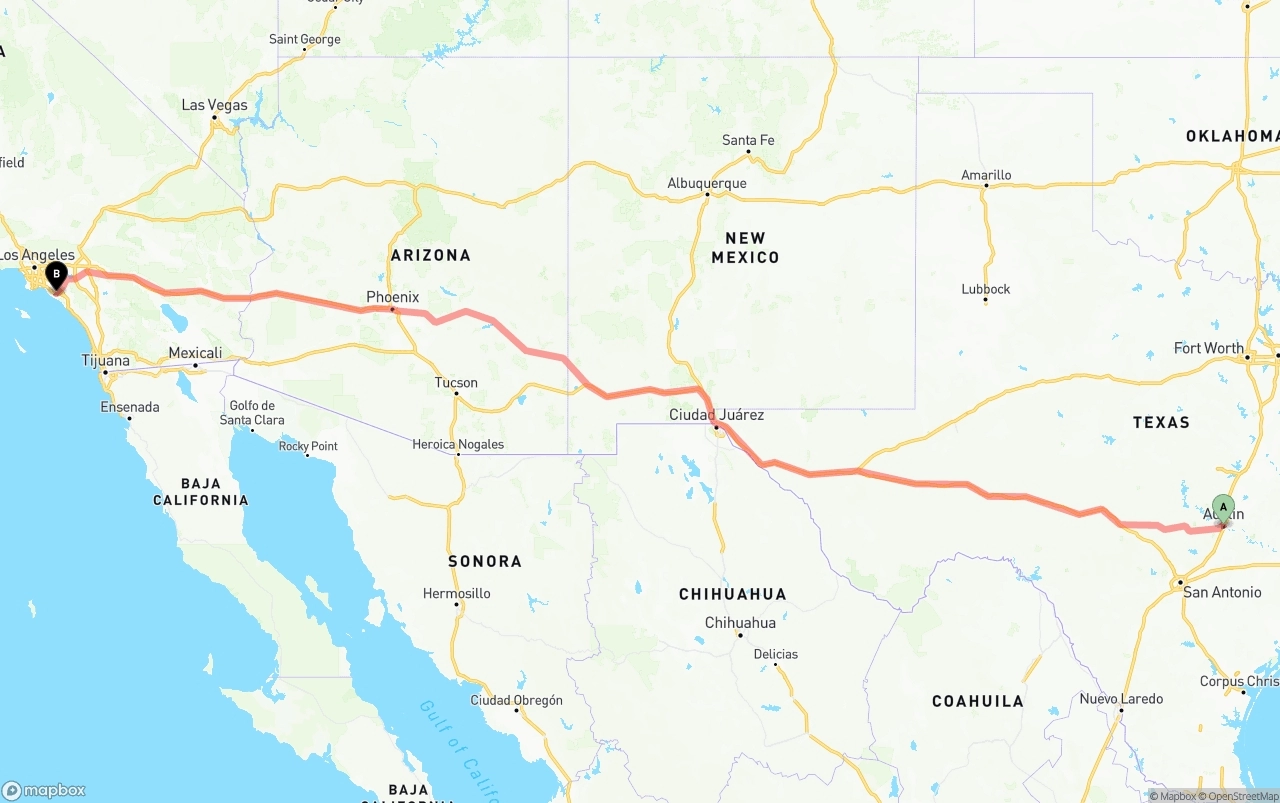 Shipping route from Austin to John Wayne Airport — Orange County