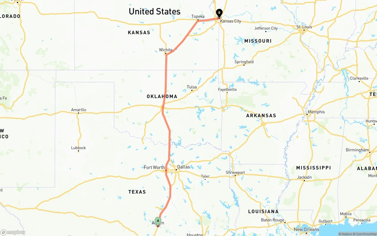 Shipping route from Austin to Kansas City