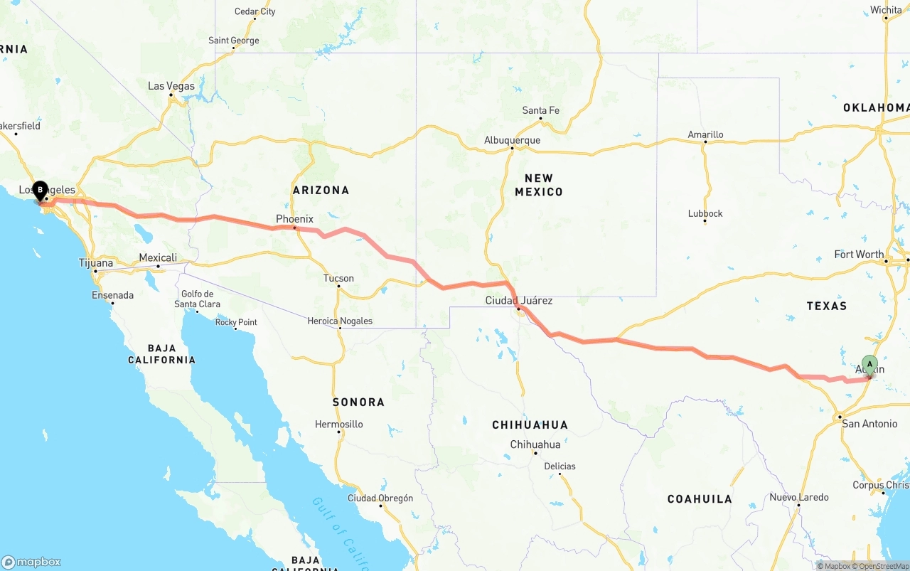 Shipping route from Austin to Los Angeles International Airport