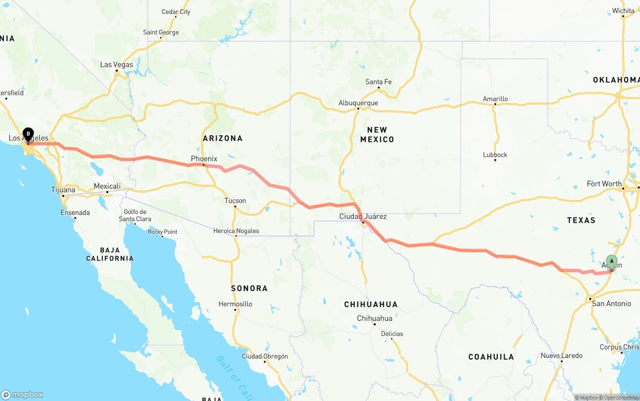 Shipping route from Austin to Los Angeles