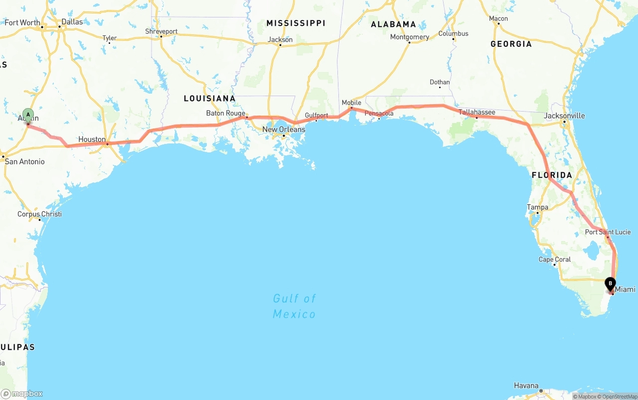 Shipping route from Austin to Miami International Airport