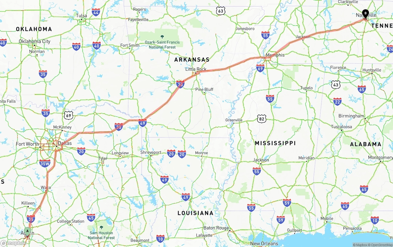 Shipping route from Austin to Nashville