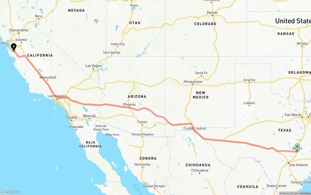 Shipping route from Austin to Norman Y. Mineta San Jose International Airport