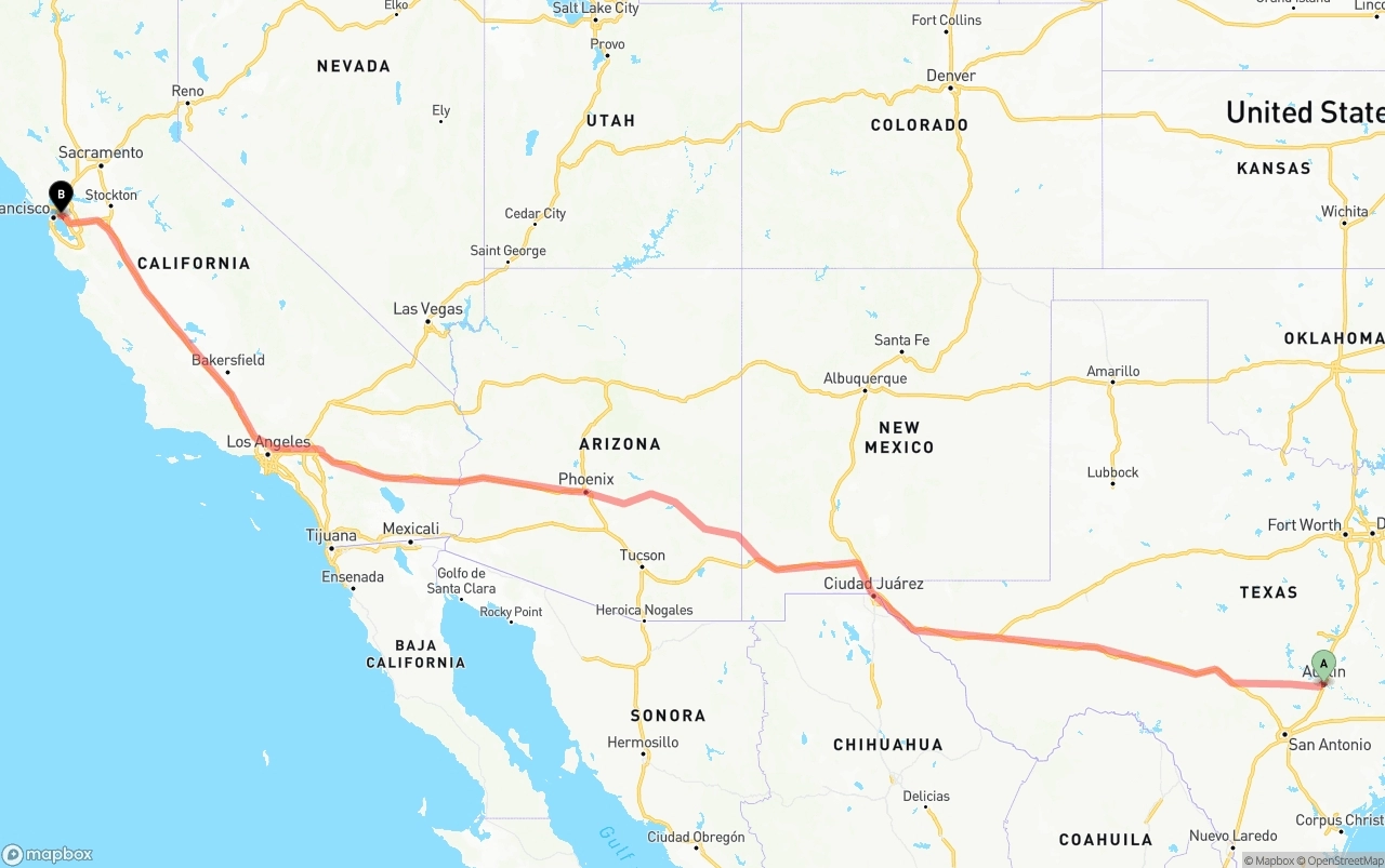 Shipping route from Austin to Oakland
